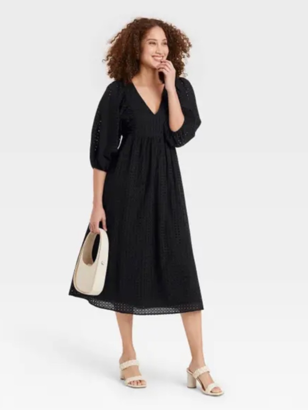A New Day Black Eyelet V-Neck Puff Sleeve Midi Dress, Black